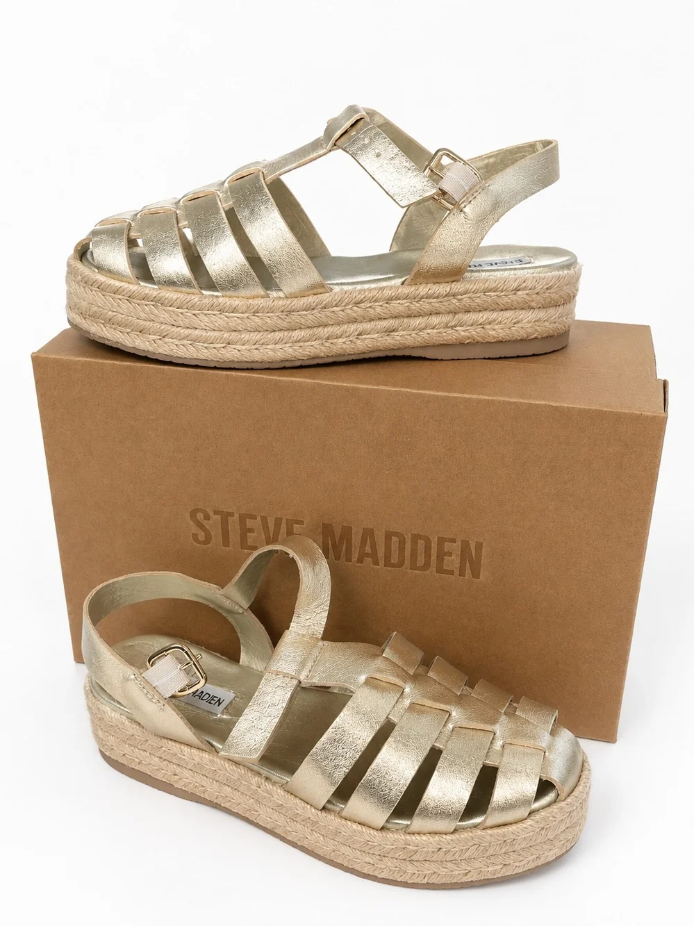 Steve Madden Marlin Gold Leather Platform Espadrille Fisherman Sandals Size 7